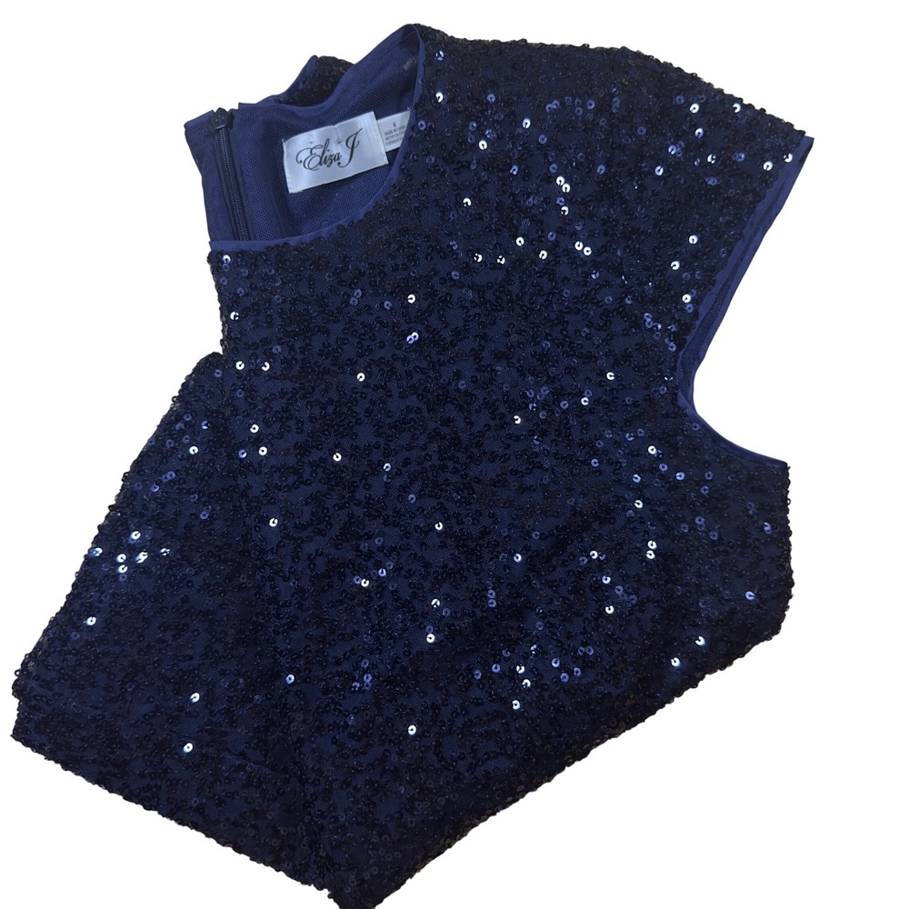 Eliza J Sequin Top Party Cocktail‎ Party Sparkly Cap Sleeve Navy Blue Size 6